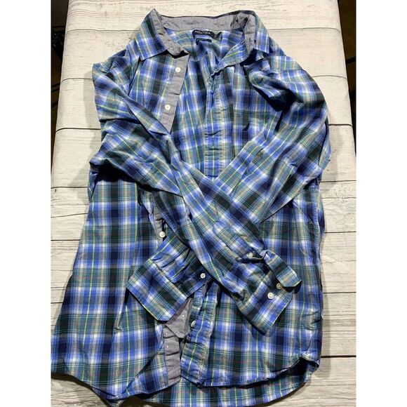 Nautica Men's Blue Plaid Long Sleeve Button Down Shirt Men's Size Large - Picture 1 of 9